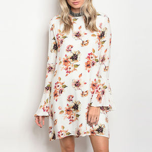 Ivory Crepe Floral Shift Trumpet Sleeve Dress